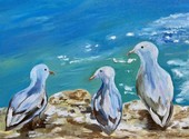 Морской пейзаж с чайками. Льняной холст, масло